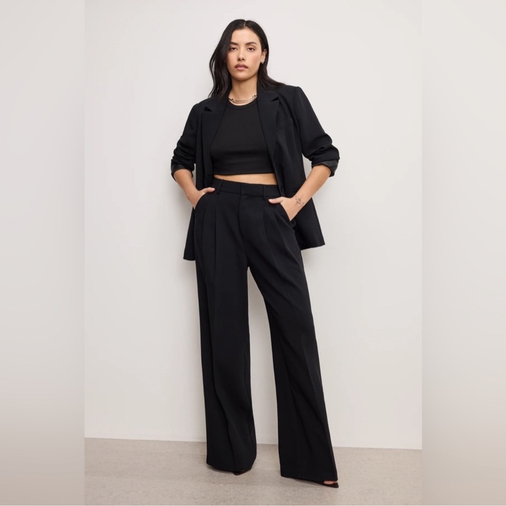 Good American Luxe Suiting Column Wide Leg‎ Trousers Pants Size 10/30 Black